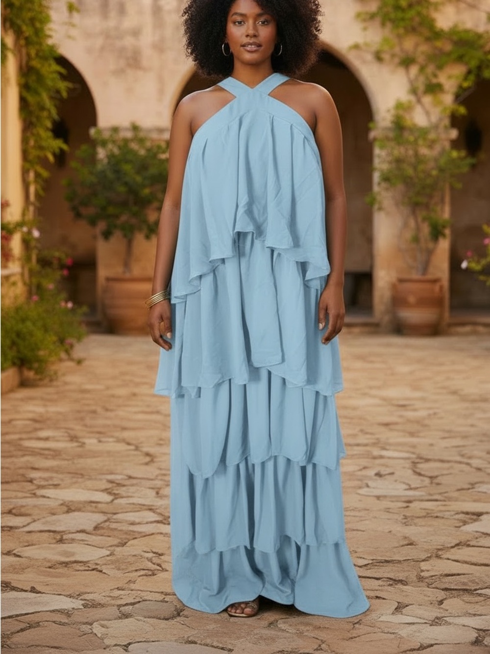 Light Blue Tiered Chiffon Maxi Dress